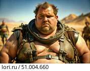 Obese Mad Max War boy in Wasteland Outfit. Generative AI. Стоковое AI-изображение, AI-художник Roman Zavorotny / Фотобанк Лори