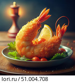 Crispy Fried Shrimp With Lemon Wedge and Cherry Tomatoes. Generative AI. Стоковое AI-изображение, AI-художник Roman Zavorotny / Фотобанк Лори
