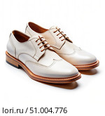Pair of White Leather Brogue Shoes on a White Background. Generative AI. Стоковое AI-изображение, AI-художник Roman Zavorotny / Фотобанк Лори