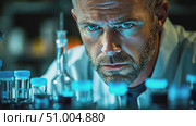 A focused scientist inspects laboratory samples under bright lights, showcasing concentration and dedication in his research work. Стоковое AI-видео, аниматор Данила Большаков / Фотобанк Лори