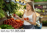 Young woman shopping in vegetable store and buy tomato. Стоковое фото, фотограф Яков Филимонов / Фотобанк Лори