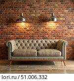 A tufted sofa takes center stage in a cozy room adorned with a rustic brick wall. Two stylish pendant lights enhance the inviting atmosphere, perfect for relaxation. Стоковое AI-изображение, AI-художник Ольга Игнашина / Фотобанк Лори