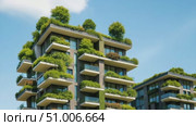 Modern eco apartment building with green rooftop gardens and balcony plants. Стоковое AI-видео, аниматор Екатерина Усенко / Фотобанк Лори