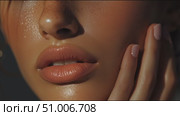 Captivating close-up showcasing natural beauty and radiant skin in soft lighting with a focus on lips and freckles. Стоковое AI-видео, аниматор Сергей Толмачёв / Фотобанк Лори