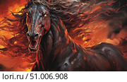 A powerful black horse runs through a blazing scene, its mane flowing against a backdrop of vivid flames at sunset creating a dramatic spectacle. Стоковое AI-видео, аниматор Данила Большаков / Фотобанк Лори