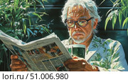An older man in a floral shirt sits comfortably, sipping coffee and reading the newspaper amid vibrant greenery, enjoying a peaceful morning. Стоковое AI-видео, аниматор Данила Большаков / Фотобанк Лори