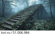 Explore an ancient stone staircase enveloped by lush greenery and morning fog in a serene forest setting, evoking a sense of mystery. Стоковое AI-видео, аниматор Данила Большаков / Фотобанк Лори