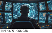 An operator intently analyzes multiple data screens filled with shifting numbers and graphs in a futuristic control environment during the night. Стоковое AI-видео, аниматор Данила Большаков / Фотобанк Лори