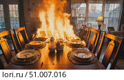 A devastating fire erupts at a dining table, engulfing the setup meant for a family gathering, illuminated by evening light. Стоковое AI-видео, аниматор Данила Большаков / Фотобанк Лори
