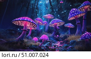 Discover an enchanting forest where vibrant, glowing mushrooms light up the surroundings, creating a magical nighttime atmosphere. Стоковое AI-видео, аниматор Данила Большаков / Фотобанк Лори