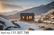 Small cabin perched atop a snowy mountain, offering a glimpse of the serene winter landscape surrounding it. Стоковое AI-видео, аниматор Данила Большаков / Фотобанк Лори