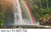 Powerful waterfall with vivid rainbow in its midst, showcasing beauty of natures forces combining. Стоковое AI-видео, аниматор Данила Большаков / Фотобанк Лори