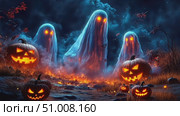 Three ghostly figures with glowing eyes wander through a pumpkin patch at night, setting a haunting Halloween mood filled with mystery. Стоковое AI-видео, аниматор Данила Большаков / Фотобанк Лори