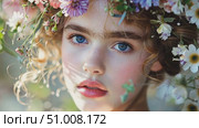 A girl with captivating blue eyes wears a beautiful floral crown, capturing the essence of spring in a vibrant garden filled with blossoms. Стоковое AI-видео, аниматор Данила Большаков / Фотобанк Лори