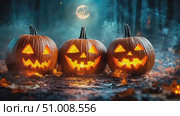 Three carved pumpkins with glowing faces shine in a misty forest as autumn leaves surround them under the full moon's light on Halloween night. Стоковое AI-видео, аниматор Данила Большаков / Фотобанк Лори