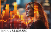 A thoughtful individual contemplates financial data trends as daylight breaks over a busy city. Стоковое AI-видео, аниматор Данила Большаков / Фотобанк Лори