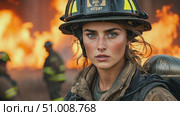 A determined firefighter faces intense heat and flames while working to control a significant fire surrounded by fellow crew members. Стоковое AI-видео, аниматор Данила Большаков / Фотобанк Лори
