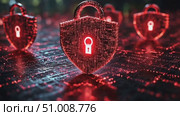 The visuals showcase vibrant digital lock symbols amid a futuristic grid, illustrating themes of cybersecurity and data protection. Стоковое AI-видео, аниматор Данила Большаков / Фотобанк Лори