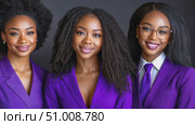 Three women showcase their vibrant purple suits, confidently displaying their individual styles at a professional event in a chic environment. Стоковое AI-видео, аниматор Данила Большаков / Фотобанк Лори