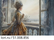 An elegant watercolor illustration in a historical style: a young woman in a luxurious 18th-century dress looks thoughtfully out of the window at the cityscape. Her pose is noble and melancholy, and the morning light penetrating through the curtains lends the scene softness and intimacy. The atmosphere is imbued with a sense of anticipation, memory and the beauty of a fleeting moment. Suitable for themes of historical reconstruction, female portraiture, romance and the aesthetics of bygone eras. Стоковое AI-изображение, AI-художник Анна Кривицкая / Фотобанк Лори