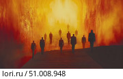 Eerie silhouettes of individuals in suits navigate a vibrant, glowing staircase as the atmosphere shifts to an otherworldly glow during dusk. Стоковое AI-видео, аниматор Данила Большаков / Фотобанк Лори