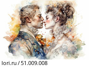 Watercolor illustration with a bright romantic mood: a man and a woman in historical costumes of the 18th-19th centuries lean towards each other in anticipation of a kiss. Soft brushstrokes and multi-colored splashes of paint create the effect of an emotional explosion and a tender moment of love. Rich costumes, period details and facial expressions convey the depth of feeling and the atmosphere of a romantic drama. Ideal for postcards, posters, wedding invitations, book covers and art galleries. Стоковое AI-изображение, AI-художник Анна Кривицкая / Фотобанк Лори