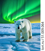 Polar bear under the northern lights. Стоковое AI-изображение, AI-художник Сергей Елизарьев / Фотобанк Лори