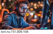 An enthusiastic gamer competes in an online tournament at a vibrant esports lounge, focused on the screen and immersed in the experience. Стоковое AI-видео, аниматор Данила Большаков / Фотобанк Лори