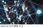 Three individuals engage in a thought-provoking discussion surrounded by abstract digital connections representing complex ideas and technology. Стоковое AI-видео, аниматор Данила Большаков / Фотобанк Лори