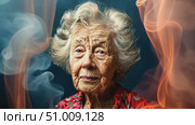 An elderly woman with distinct features and vibrant attire is beautifully captured against a dreamy smoky backdrop, highlighting her wise gaze. Стоковое AI-видео, аниматор Данила Большаков / Фотобанк Лори