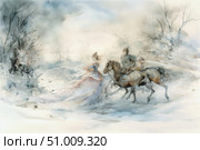 A watercolor scene in the spirit of romantic classics: a woman in an airy dress and a horseman in military uniform rushing through a snowy winter landscape. The image is filled with a sense of movement, drama and subtle lyricism. Light brushstrokes, muted colors and a translucent veil of a snowstorm create an atmosphere of the last century and a historical narrative. The illustration is reminiscent of scenes from Russian classical literature. Стоковое AI-изображение, AI-художник Анна Кривицкая / Фотобанк Лори