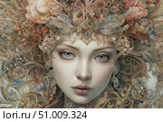 Portrait of a young girl in a fantastic Art Nouveau style. Her face is framed by a complex floral composition with petals, leaves, gemstones and elements of nature. Light skin, large expressive eyes and jewelry create the image of a fairy-tale creature or a forest fairy. The painting is permeated with a delicate palette and detail, creating an atmosphere of magic, beauty and sophistication. Ideal for book design, magazines, advertising products and art projects in the fantasy or mystic genre. Стоковое AI-изображение, AI-художник Анна Кривицкая / Фотобанк Лори