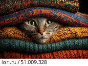 Tabby cat hiding under warm blanket at home. Cute pet. Hide and seek. Furry cat nestling between soft knitted sweaters, relaxing in comfortable hiding spot. Feline muzzle peeks out from under blanket. Стоковое AI-изображение, AI-художник Марина Демидюк / Фотобанк Лори