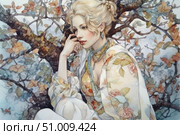 Romantic portrait of a young woman in watercolor technique, executed in soft pastel colors. The girl sits thoughtfully among the branches of a tree, dressed in a transparent chiffon robe with a floral pattern. Her light hair is gathered in a loose hairstyle, and her look is full of quiet dreaminess. The illustration conveys an atmosphere of peace, femininity and beauty of nature. Perfect for decorating the covers of books, magazines, postcards, and also as a decorative poster. Стоковое AI-изображение, AI-художник Анна Кривицкая / Фотобанк Лори