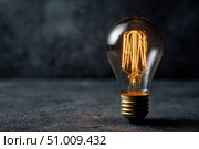 Glowing Yellow Light Bulb. Illuminated Light bulb on dark black background banner. Creative Technology. Vintage Edison Bulbs. Warm Illumination in a night space. New idea, brainstorming concept. Стоковое AI-изображение, AI-художник Марина Демидюк / Фотобанк Лори