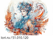 An elegant fantasy illustration of a girl surrounded by autumn flora and magical birds. Her image is decorated with bright blue and orange flowers, juicy berries, feathers and patterns, as if woven from wind and leaves. Her hair and outfit merge with the surrounding ornament, creating a sense of unity with nature and a fairy tale. The work is done in a watercolor style with subtle details and an airy composition. Suitable for cover design, fairy tale plots, calendars, prints and creative projects. Стоковое AI-изображение, AI-художник Анна Кривицкая / Фотобанк Лори