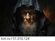 A portrait of an elderly man with a grim expression and a dark hood. His face is lined with deep wrinkles, and his thick gray beard gives the image wisdom and severity. The lighting is dramatic, with a contrast between the darkness and the warm light in the background. This atmospheric work can be associated with the image of a magician, an elder, a prophet or an antagonist from fantasy. Suitable for illustrations, games, covers, concept art and mystical projects. Стоковое AI-изображение, AI-художник Анна Кривицкая / Фотобанк Лори