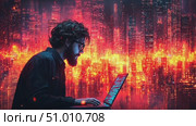 A focused individual types on a laptop with glowing city lights and vivid colors creating a dramatic backdrop at night. Стоковое AI-видео, аниматор Данила Большаков / Фотобанк Лори