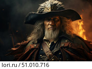 An atmospheric portrait of a charismatic older warrior or captain in a fantasy style. The man has long gray hair and beard, wearing luxurious leather clothes with decorative elements and a cloak decorated with buttons. On his head is a spectacular hat with a feather and a metal ornament in the form of an eagle's head. In the background there are fire, clouds of smoke and sparks, creating a dramatic and cinematic scene. The image embodies strength, wisdom and determination, perfect for covers, games, films and fantasy projects. Стоковое AI-изображение, AI-художник Анна Кривицкая / Фотобанк Лори