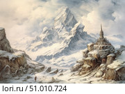 Atmospheric fantasy illustration depicting a mysterious temple in the mountains, reminiscent of the legendary Shambhala. Snowy peaks, majestic rocks and harsh nature create a feeling of inaccessibility and holiness. In the center of the composition is an ancient sanctuary, towering on a cliff, surrounded by pilgrims or monks. Below, a traveler climbs along a snowy path, emphasizing the scale and drama of the scene. Ideal for book covers, visual storytelling, fantasy projects, board games and concept art. Стоковое AI-изображение, AI-художник Анна Кривицкая / Фотобанк Лори