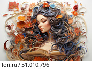 A vibrant and sophisticated digital illustration of a young woman with her eyes closed, symbolizing inspiration and connection with nature. Her papercraft-style hair is intertwined with autumn flowers, leaves and curls, smoothly flowing into an open book at the bottom of the composition. The harmony of shapes and shades creates a sense of peace, imagination and beauty. Suitable for book covers, posters, art prints, interior design and projects related to reading, fantasy and natural aesthetics. Стоковое AI-изображение, AI-художник Анна Кривицкая / Фотобанк Лори