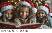 Three children in Santa hats enjoy reading a story together, surrounded by festive decorations during the holiday season at home. Стоковое AI-видео, аниматор Данила Большаков / Фотобанк Лори