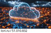 A stunning view of a glowing cloud representation hovering over a brightly lit cityscape under a night sky filled with stars. Стоковое AI-видео, аниматор Данила Большаков / Фотобанк Лори