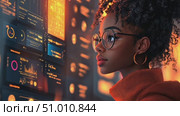 A dedicated young woman observes complex data visualizations on large screens, immersed in her task in a cutting-edge office environment. Стоковое AI-видео, аниматор Данила Большаков / Фотобанк Лори