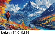 A hiker admires breathtaking mountain landscapes surrounded by brilliant autumn colors in a peaceful national park. Стоковое AI-видео, аниматор Данила Большаков / Фотобанк Лори