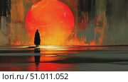A figure stands peacefully at the beach, silhouetted by a stunning orange sunset casting warm hues over the serene waters. Стоковое AI-видео, аниматор Данила Большаков / Фотобанк Лори