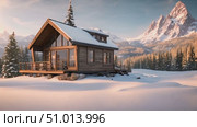 Explore a small cabin nestled in a snowy mountain setting, surrounded by pristine white snow and a rugged landscape. Стоковое AI-видео, аниматор Данила Большаков / Фотобанк Лори