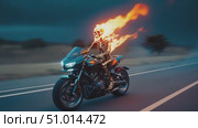 Flaming skeleton riding motorcycle on scenic highway at dusk ai generated. Стоковое AI-видео, аниматор Vectorwin / Фотобанк Лори