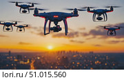 A stunning display of drones soaring above a city during sunset, revealing a vibrant urban landscape with twinkling lights below. Стоковое AI-видео, аниматор Данила Большаков / Фотобанк Лори