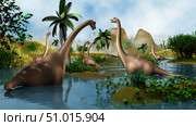 Brachiosaurus dinosaurs grazing in a prehistoric environment. Стоковое фото, фотограф Stocktrek Images, Inc. / ТАСС / Фотобанк Лори
